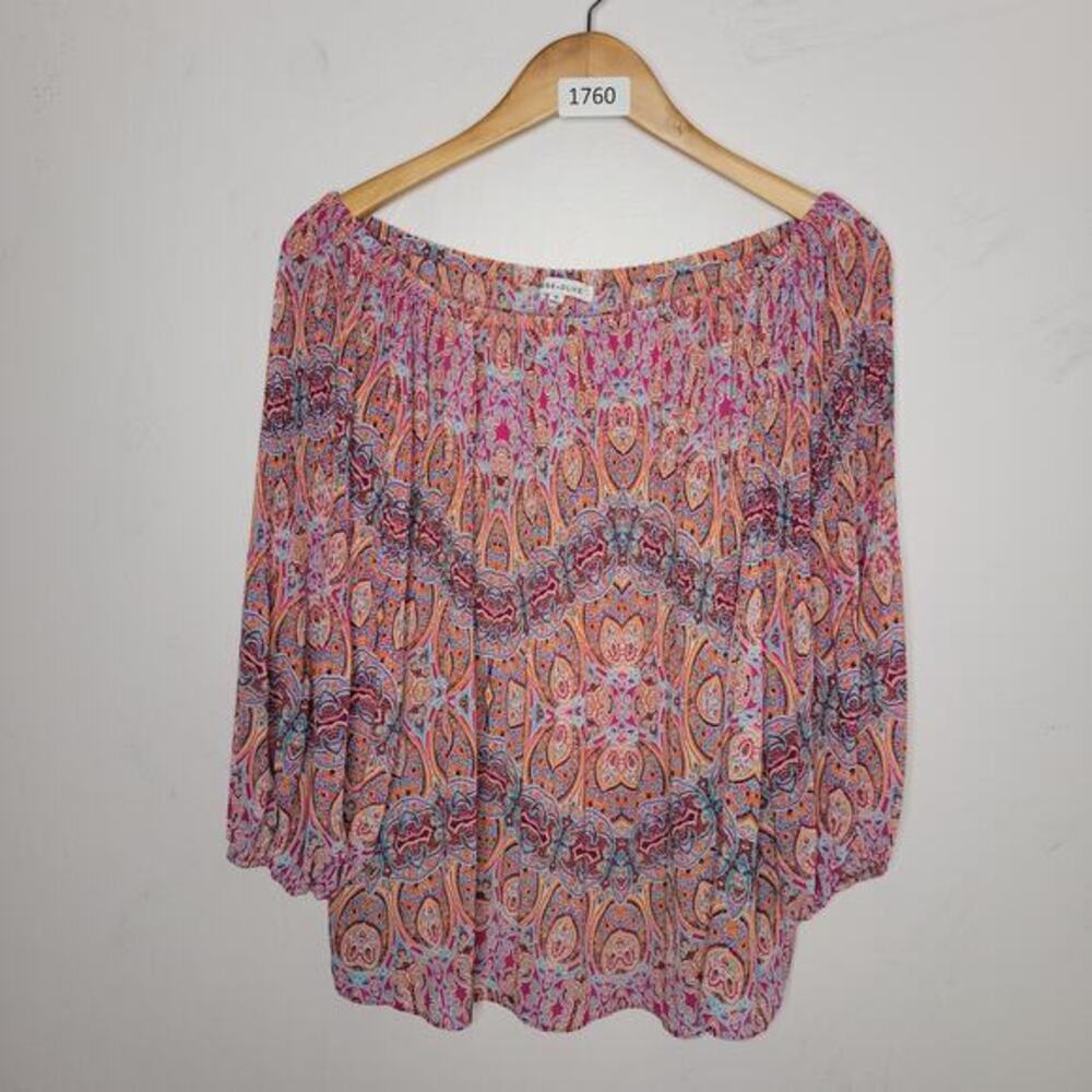 Rose & Olive Boho Paisley Off-Shoulder Blouse Top Pink Orange Blue Size Medium